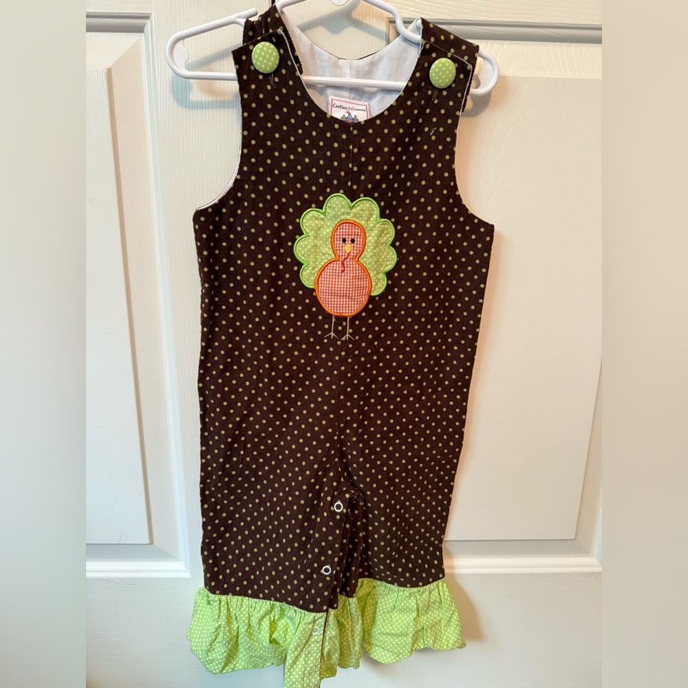 Castles & Crowns Brown Polka Dot Romper with Turkey Appliqué